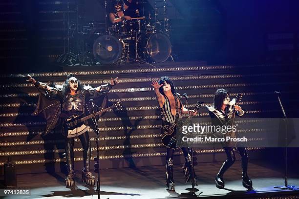 Gene Simmons, Eric Singer, Paul Stanley and Tommy Thayer of the American rock band KISS perform at the 187th "Wetten, dass...?" show at the Messe...