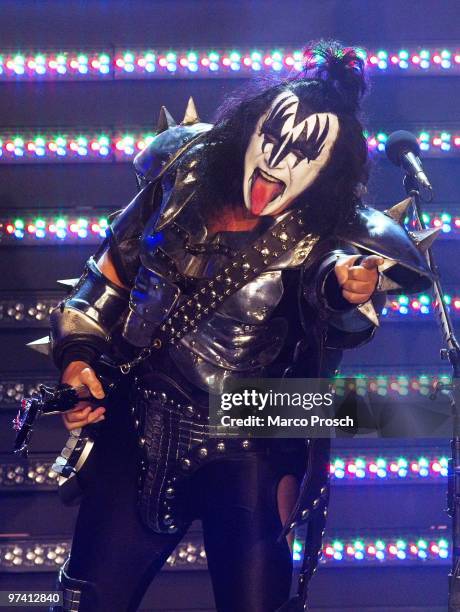 Musician Gene Simmons of the American rock band KISS shows his tongue while performing live at the 187th "Wetten, dass...?" show at the Messe Erfurt...