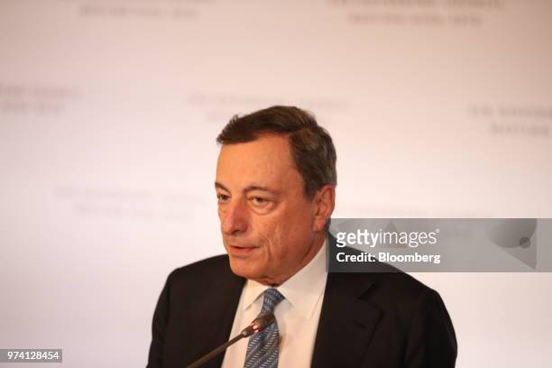 Mario Draghi, president of the European Central Bank , speaks during the ECB rate decision in the Latvian central bank, also known as Latvijas Banka,...