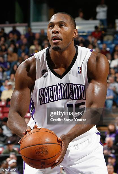 Joey Dorsey of the Sacramento Kings shoots a free throw against the Detroit Pistons during the game on February 23, 2010 at Arco Arena in Sacramento,...