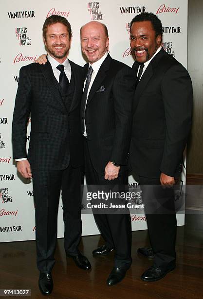 Actor Gerard Butler, writer/director Paul Haggis and director Lee Daniels attend Artists for Peace and Justice hosted by Vanity Fair and Brioni held...