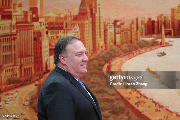 Secretary of State Mike Pompeo attends a press conference at the Great Hall of the People on June 14, 2018 in Beijing, China. At the invitation of...