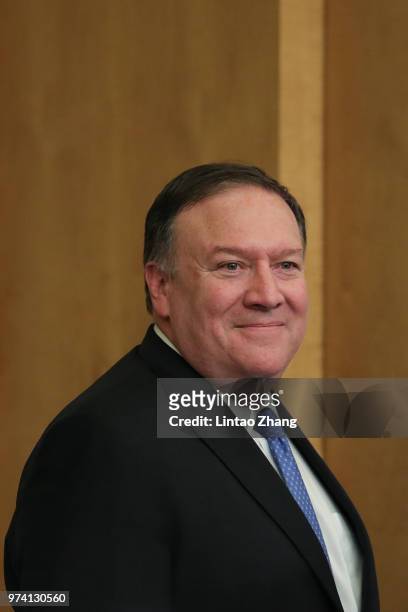 Secretary of State Mike Pompeo attends a press conference at the Great Hall of the People on June 14, 2018 in Beijing, China. At the invitation of...