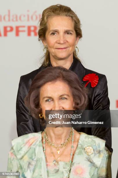 Queen Sofia and Princess Elena of Spain attend Mapfre Foundation Awards 2017 at Casino de Madrid on June 14, 2018 in Madrid, Spain.