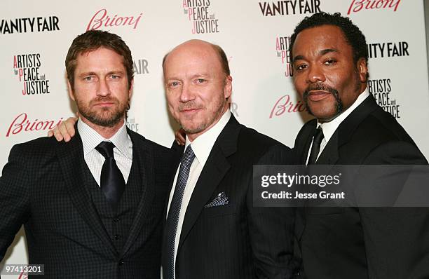 Actor Gerard Butler, writer/director Paul Haggis and director Lee Daniels attend Artists for Peace and Justice hosted by Vanity Fair and Brioni held...