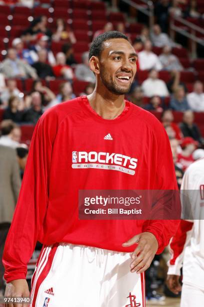Jared Jeffries of the Houston Rockets looks on during warm-ups prior to the game against the Indiana Pacers at Toyota Center on February 20, 2010 in...