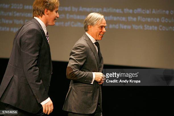 Editor of Worth magazine Richard Bradley interviews fashion designer Tommy Hilfiger at The French Institute on March 3, 2010 in New York, New York.
