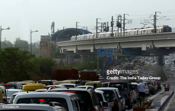 View of traffic jam near Akshardham Metro Station in New Delhi.