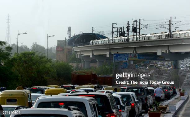 View of traffic jam near Akshardham Metro Station in New Delhi.