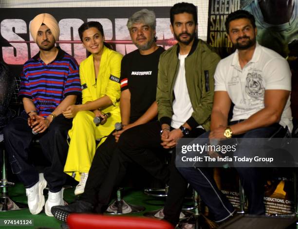Taapsee Pannu, Diljit Dosanjh and Angad Bedi at the trailer launch of their movie Soorma in Mumbai.