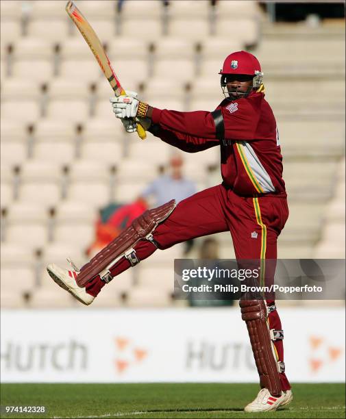 Chris Gayle of West Indies hits out during his innings of 99 runs in the ICC Champions Trophy match between Bangladesh and West Indies at the Rose...