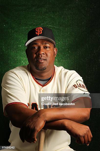 Juan Uribe of the San Francisco Giants poses during media photo day on February 28, 2010 at Scottsdale Stadium in Scottsdale, Arizona.