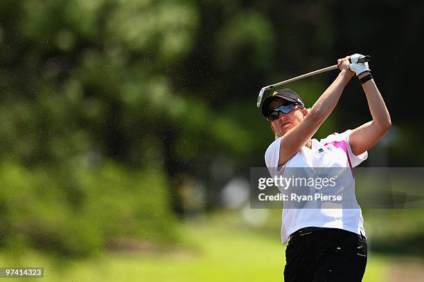 Karrie Webb of Australia plays a bunker shot on the 8th hole during round one of the 2010 ANZ Ladies Masters at Royal Pines Resort on March 4, 2010...