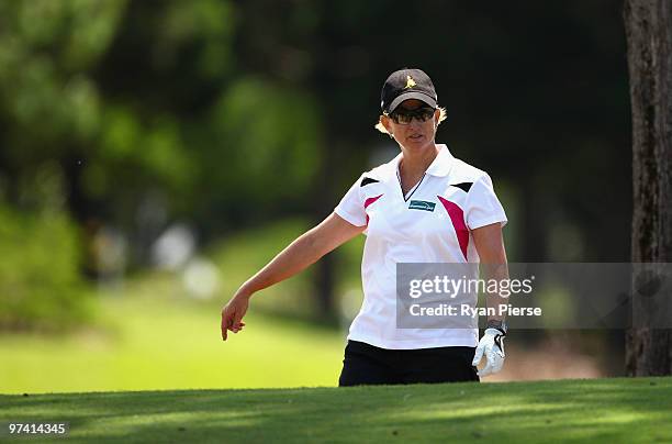 Karrie Webb of Australia looks dejected after hitting her ball into the bunker on the 8th hole during round one of the 2010 ANZ Ladies Masters at...