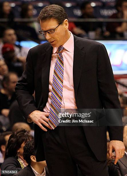 Head coach Kiki Vandeweghe of the New Jersey Nets looks on as his team plays against the Cleveland Cavaliers at the Izod Center on March 3, 2010 in...