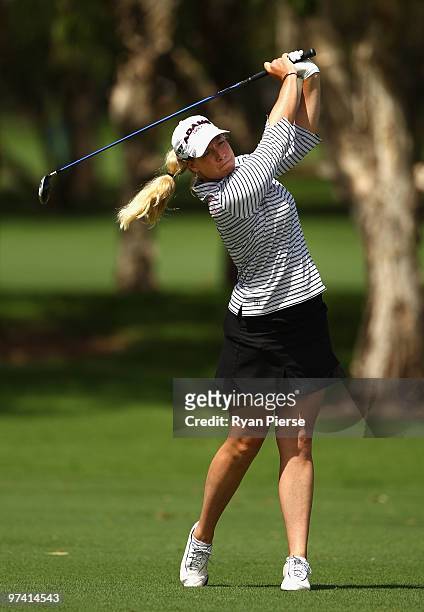 Brittany Lincicome of the USA plays an iron shot on the 9th hole during round one of the 2010 ANZ Ladies Masters at Royal Pines Resort on March 4,...