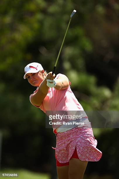 Anna Nordqvist of Sweden plays an iron shot on the 8th hole during round one of the 2010 ANZ Ladies Masters at Royal Pines Resort on March 4, 2010 in...
