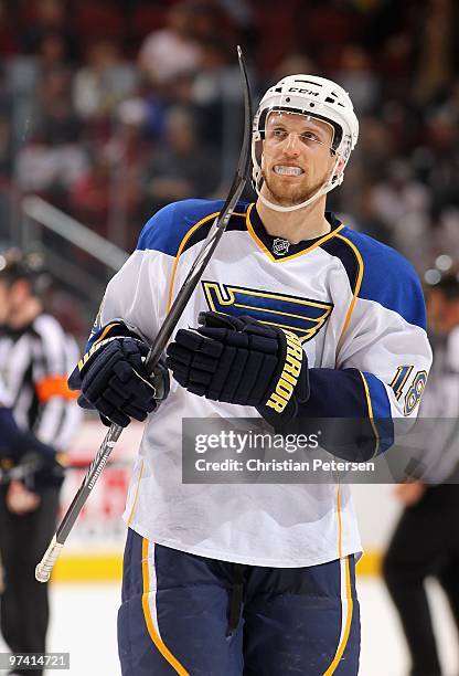 Jay McClement of the St. Louis Blues during the NHL game against the Phoenix Coyotes at Jobing.com Arena on March 2, 2010 in Glendale, Arizona. The...