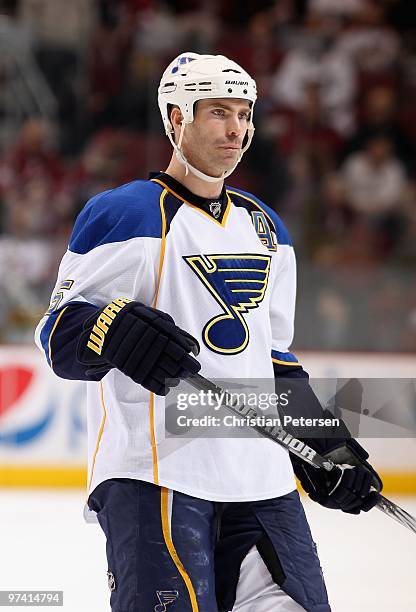 Barret Jackman of the St. Louis Blues during the NHL game against the Phoenix Coyotes at Jobing.com Arena on March 2, 2010 in Glendale, Arizona. The...