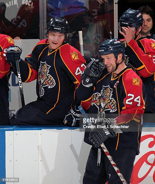 Bryan McCabe of the Florida Panthers celebrates a goal with teammates against the Philadelphia Flyers at the BankAtlantic Center on March 3, 2010 in...