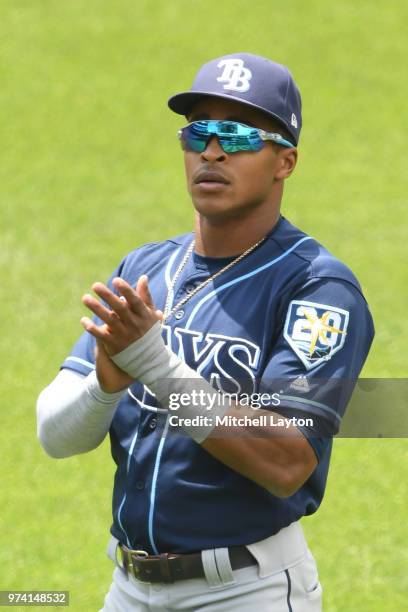 Mallex Smith of the Tampa Bay Rays looks on before a baseball game against the Washington Nationals at Nationals Park on June 6, 2018 in Washington,...