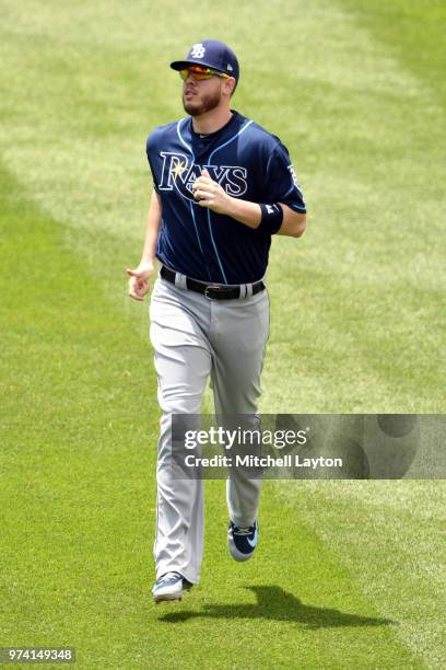 Cron of the Tampa Bay Rays warms up before a baseball game against the Washington Nationals at Nationals Park on June 6, 2018 in Washington, DC. The...