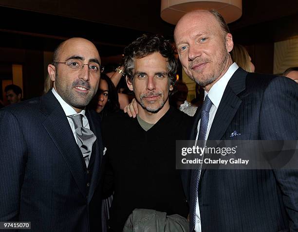 Brioni USA Todd Barrato, actor Ben Stiller and writer/director Paul Haggis attend Artists for Peace and Justice hosted by Vanity Fair and Brioni held...