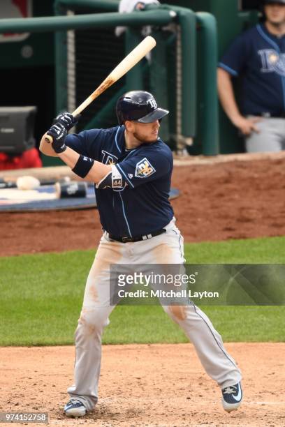 Cron of the Tampa Bay Rays prepares for a pitch during a baseball game against the Washington Nationals at Nationals Park on June 6, 2018 in...