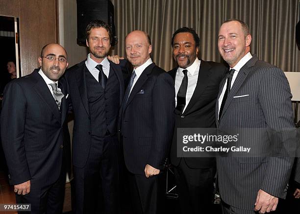 Brioni USA Todd Barrato, actor Gerard Butler, writer/director Paul Haggis, director Lee Daniels and Publisher of Vanity Fair Edward Menicheschi...