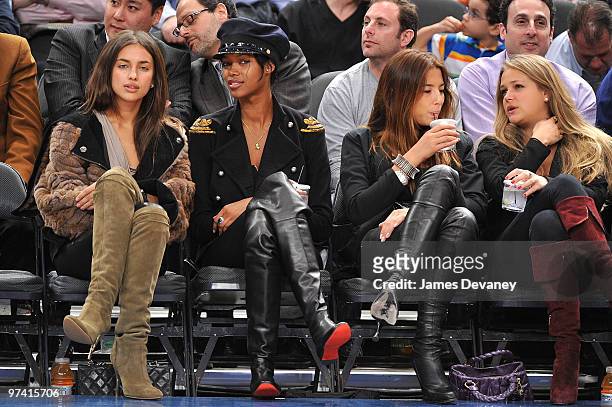 Irina Shayk, Jessica White, Jessica Gomes and Esti Ginzburg attend the Detroit Pistons vs New York Knicks game at Madison Square Garden on March 3,...