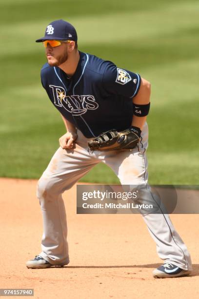 Cron of the Tampa Bay Rays looks on during a baseball game against the Washington Nationals at Nationals Park on June 6, 2018 in Washington, DC. The...