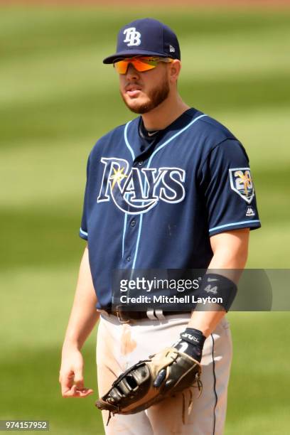 Cron of the Tampa Bay Rays looks on during a baseball game against the Washington Nationals at Nationals Park on June 6, 2018 in Washington, DC. The...