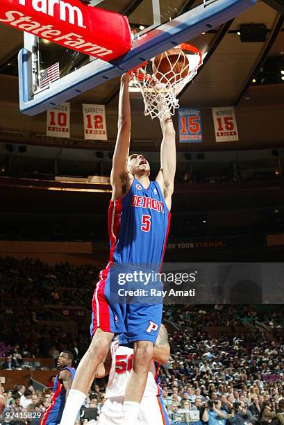 Austin Daye of the Detroit Pistons ldunks against the New York Knicks during the game on March 3, 2010 at Madison Square Garden in New York City....