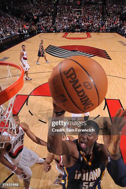 Roy Hibbert of the Indiana Pacers goes up for a shot during a game against the Portland Trail Blazers on March 3, 2010 at the Rose Garden Arena in...