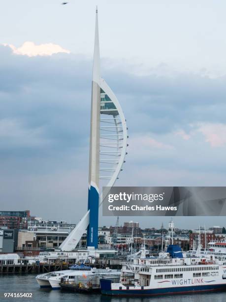 emirates spinnaker tower. views from the ferry from portsmouth uk to st malo, france - spinnaker tower stock pictures, royalty-free photos & images