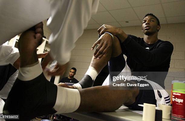 Hasheem Thabeet of the Dakota Wizards gets taped up in the locker room prior to their game against the Albuquerque Thunderbirds March 3, 2010 at the...