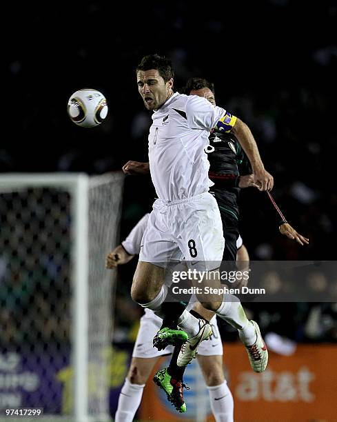 Tim Brown of New Zealand jumps for the ball against Mexico in an international friendly at the Rose Bowl on March 3, 2010 in Pasadena, California....