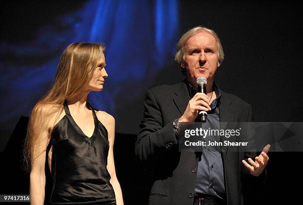 Actress Suzy Amis and director James Cameron speak onstage during Global Green USA's 7th Annual Pre-Oscar Party at Avalon on March 3, 2010 in...