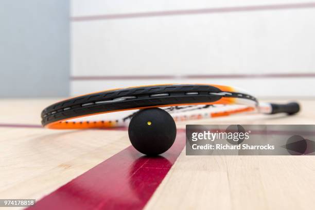 squash racquet and ball in court - morpeth stock-fotos und bilder