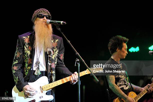 Musicians Billy Gibbons and Billy Morrison of Camp Freddy performs onstage during Global Green USA's 7th Annual Pre-Oscar Party at Avalon on March 3,...