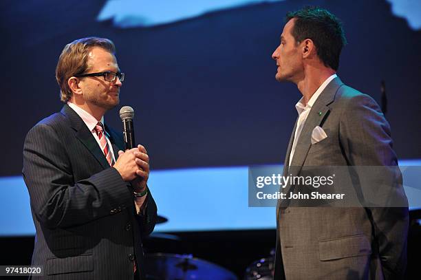 Of Global Green USA Matt Petersen and photographer Sebastian Copeland speak onstage at Global Green USA's 7th Annual Pre-Oscar Party at Avalon on...