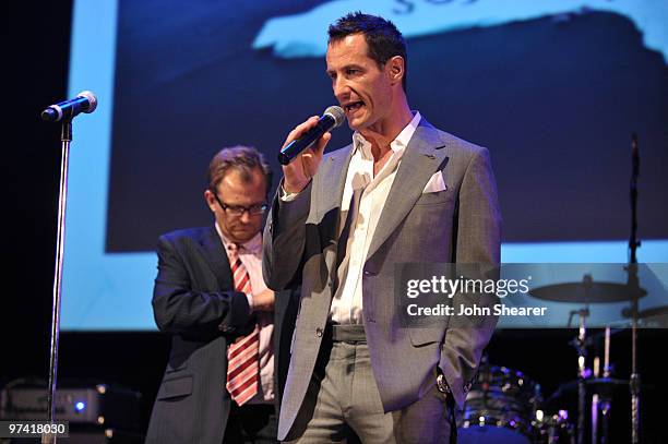 Of Global Green USA Matt Petersen and photographer Sebastian Copeland speak onstage at Global Green USA's 7th Annual Pre-Oscar Party at Avalon on...