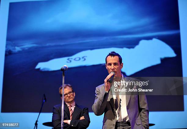 Of Global Green USA Matt Petersen and photographer Sebastian Copeland speak onstage at Global Green USA's 7th Annual Pre-Oscar Party at Avalon on...