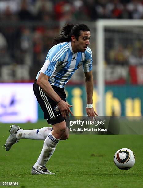 Jonas Gutierrez ofArgentina runs with the ball during the International Friendly match between Germany and Argentina at the Allianz Arena on March 3,...