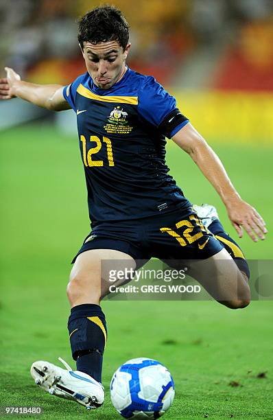 Australia's Thomas Oar shoots towards goal against Indonesia during their Asian Cup 2011 football qualification match in Brisbane on March 3, 2010....