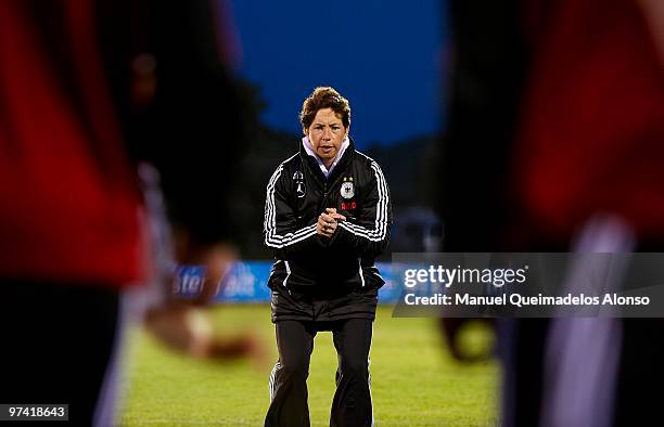 Head coach Maren Meinert of Germany gives instructions before the women's international friendly match between Germany and USA on March 3, 2010 in La...