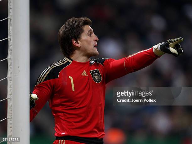 Rene Adler of Germany gestures during the International Friendly match between Germany and Argentina at the Allianz Arena on March 3, 2010 in Munich,...