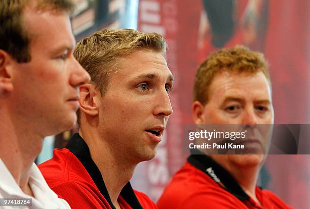 Shawn Redhage captain of the Wildcats talks to the media during the NBL Grand Final Series launch at Challenge Stadium on March 4, 2010 in Perth,...