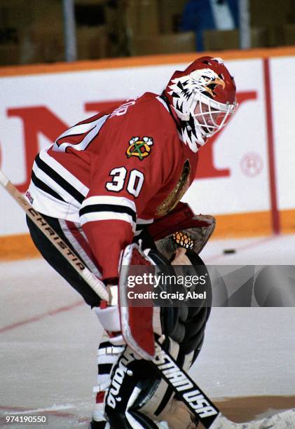Ed Belfour of the Chicago Black Hawks skates against the Toronto Maple Leafs during NHL game action on March 31, 1990 at Maple Leaf Gardens in...