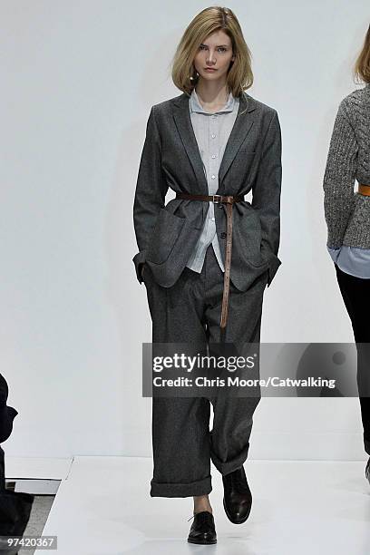 Model walks down the runway during the Margaret Howell fashion show, part of London Fashion Week, London on February 21, 2010 in London, England.